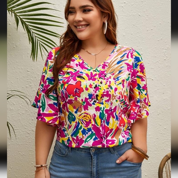 NWOT Floral V-Neck & Flounce Butterfly Sleeve Blouse by Shein VCAY - Picture 2 of 15